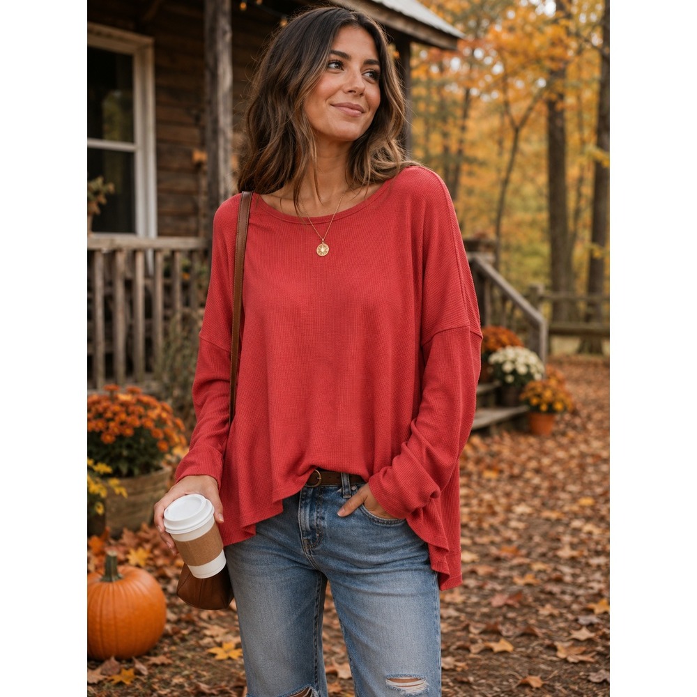 Anthropologie Waffle Knit Thermal‎ Top Rust Red Oversized Long Sleeve Small